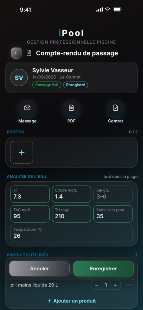 Compte-rendu de passage dans iPool : analyse de l'eau et produits utilisés