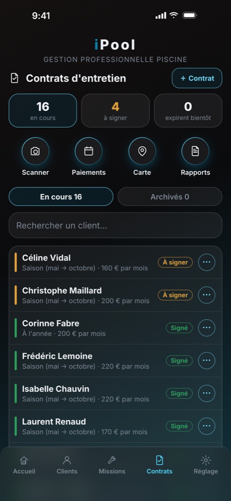 Liste des contrats d'entretien dans iPool