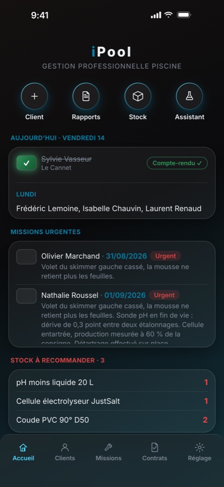 Écran d'accueil d'iPool, logiciel pour pisciniste : passages du jour et missions