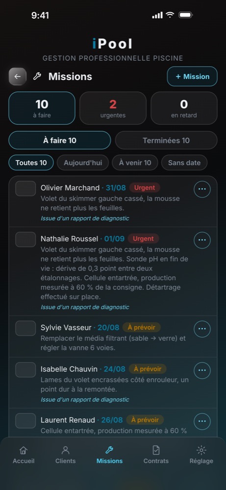 Missions d'hivernage dans l'application iPool pour pisciniste