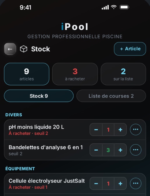 Stock de produits piscine dans iPool : seuil d'alerte et liste de courses